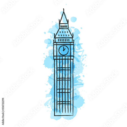European landmarks in line art style on the background of bright watercolor stains. Suitable for decoration in the field of tourism and travel.