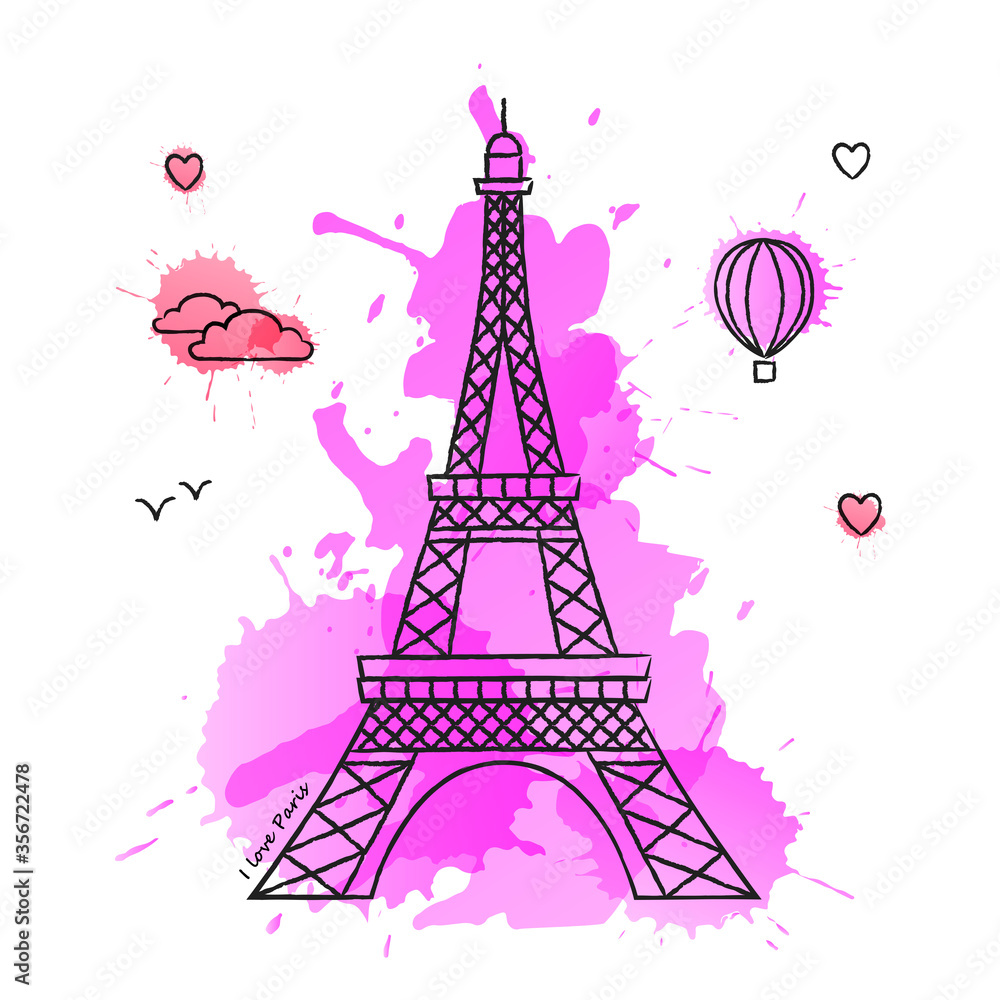 European landmarks in line art style on the background of bright watercolor stains. Suitable for decoration in the field of tourism and travel.