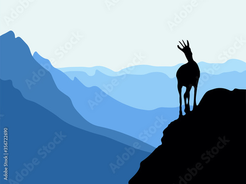 A chamois stands on top of a hill with mountains in the background. Black silhouette with blue background. Vector illustration.