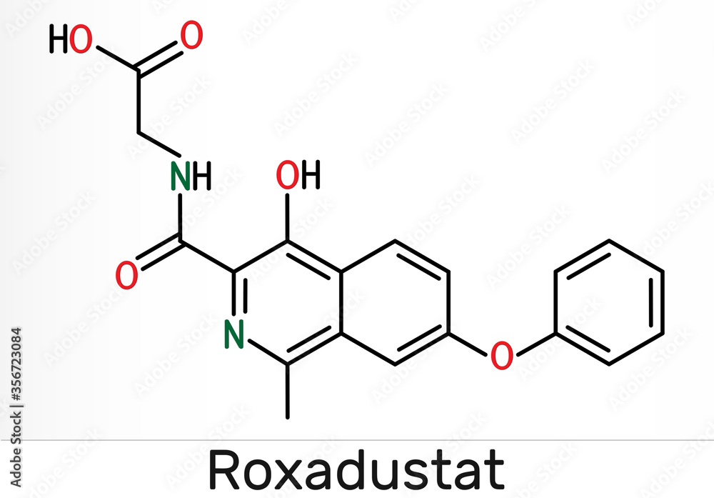 Roxadustat molecule. It is prolyl hydroxylase inhibitor, stimulates production of hemoglobin and red blood cells. Skeletal chemical formula Roxadustat molecule. It is prolyl hydroxylase inhibitor, stimulates production of hemoglobin and red blood cells. Skeletal chemical formula