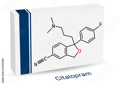 Citalopram, C20H21FN2O molecule. It is antidepressant, selective serotonin reuptake inhibitor (SSRI) class, is widely used to treat symptoms of depression. Paper packaging for drugs.