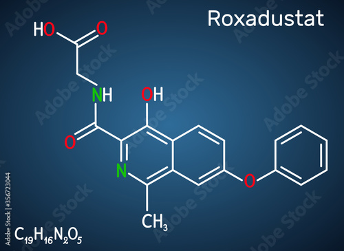 Roxadustat molecule. It is prolyl hydroxylase inhibitor, stimulates production of hemoglobin and red blood cells. Structural chemical formula on the dark blue background