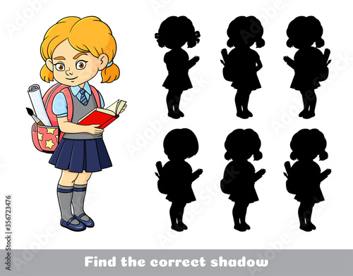 Cute schoolgirl with  book and  backpack.  Find the correct shadow. Educational game for children. Cartoon vector illustration.