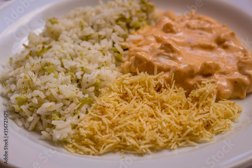 Delicious healthy food with chicken strogonoff with rice and french fries on dish. View from the top