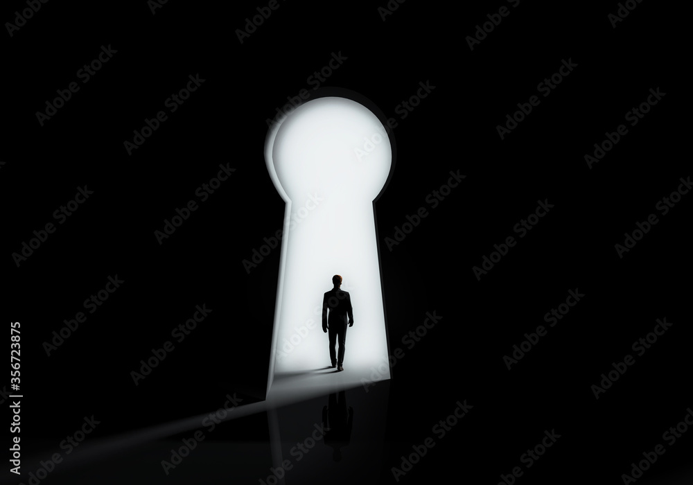 Businessman silhouette standing front of keyhole door concept.3d illustration Businessman silhouette standing front of keyhole door concept.3d illustration