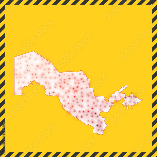 Uzbekistan closed - virus danger sign. Lock down country icon. Black striped border around map with virus spread concept. Vector illustration.