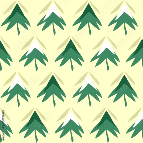 Fir Tree Illustration Seamless Pattern Background Wallpaper. Combination colors of green, white and yellow. Plant Pattern for Textile, fabric, paper, print, interior, decor and more.