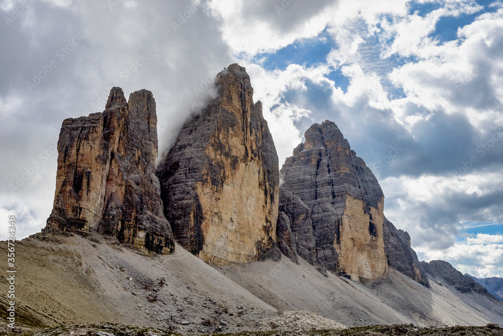 The three peaks of Lavaredo in the Sexten Dolomites of northeastern Italy.