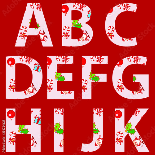 A B C D E F G H I J K alphabets applied with Christmas items and santa claus pattern background vector