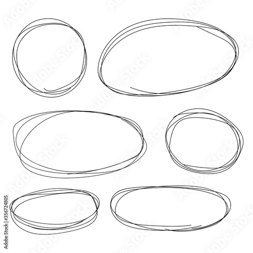 Hand drawn circle line sketch set. Vector circular scribble doodle round circles for message note mark design element. Pencil or pen graffiti bubble or ball draft illustration.