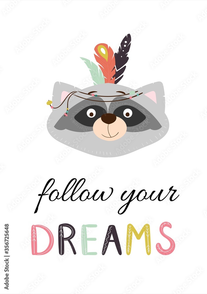 Fototapeta premium Cute indian raccoon. Vector illustration, card design with hand drawn decorative text.
