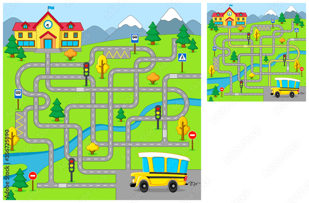 Funny maze. Help the school bus find the right path to school. Vector cartoon illustration. Education game for children.