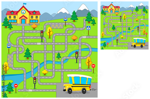 Funny maze. Help the school bus find the right path to school. Vector cartoon illustration. Education game for children.