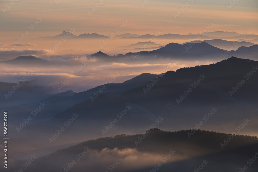 Munitibar, Bizkaia/Basque Country; Jan. 04, 2019. Sunrise from the top of Mount Oiz. A morning of a lot of fog and some beautiful colors