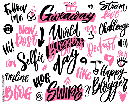 Blogging and vlogging set hand lettering and doodle elements. Vector phrases for creating content and posting it on social media, blog and vlog.mBundle of design elements pink and black colors