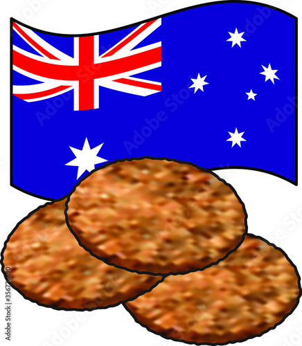 Three ANZAC biscuits / cookies and the Australian flag.