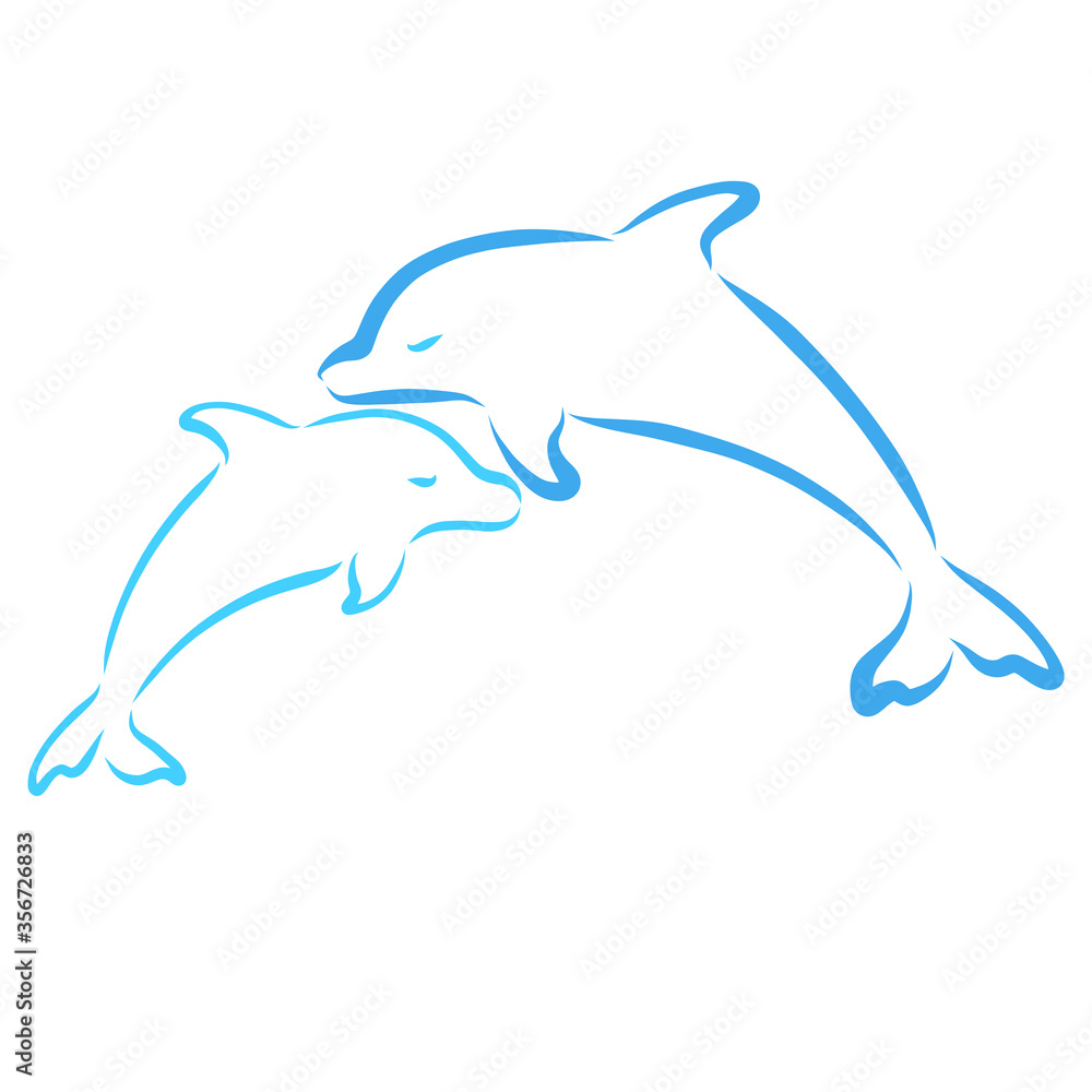 Fototapeta premium two blue dolphins, parent and baby, cute family