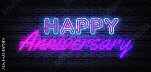 Happy Aniversary neon sign vector. Happy Aniversary Design template neon sign, light banner, nightly bright advertising, light inscription. Vector illustration
