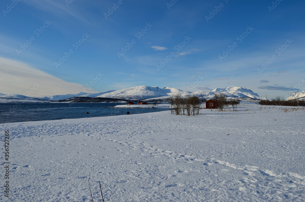 blue sea with snowy sea shore and mountain with red huts