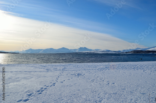 sunny sea and snowy mountain landscape
