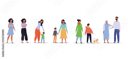 Growing up concept from baby to adult with sequential drawings of a pregnant woman, then mother with baby, toddler, child, teenager and adult son with grandmother, vector illustration