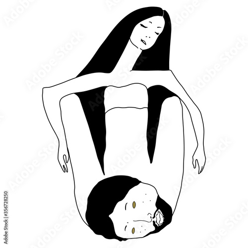 Salome. Seated woman with huge male head. Male and female archetype. Black and white silhouette. Hand drawn linear art.