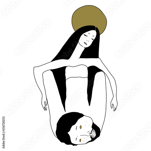 Seated saint woman with huge male head. Male and female archetype. Black and white ink silhouette with gold. Hand drawn linear art.