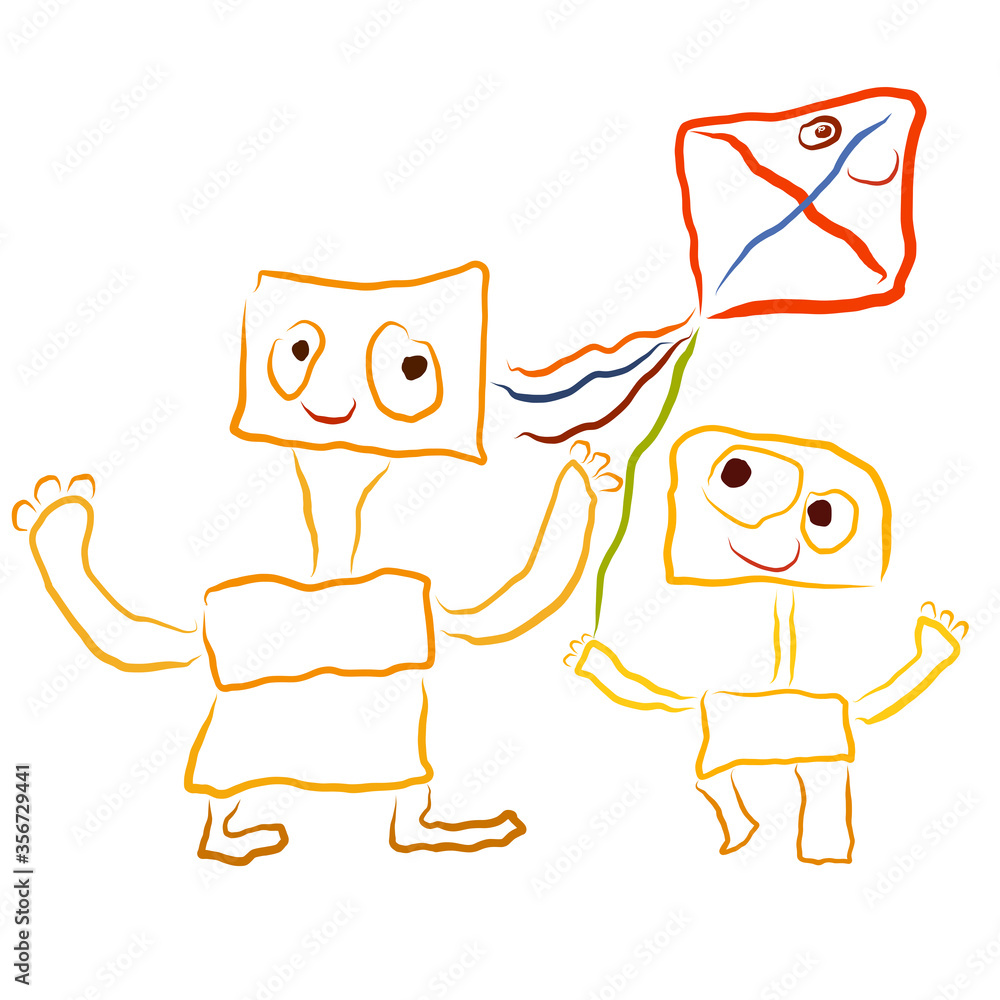 kid and his mother with a kite, funny children's drawing