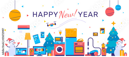Vector illustration of set of household appliances on white background. Winter sale of home domestic electronic appliances with christmas tree and happy snowman.