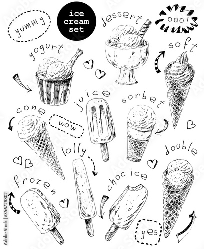 Set of hand drawn ice cream cones and popsicles.