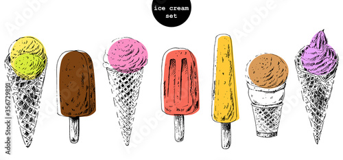 Set of hand drawn ice cream cones and popsicles.