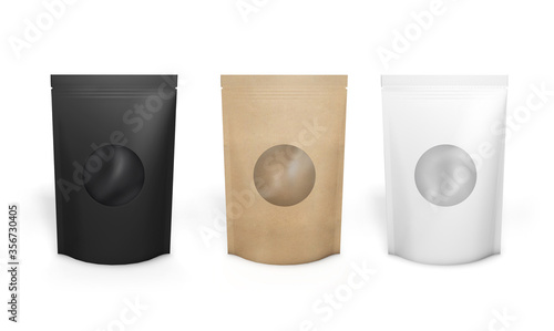 Empty kraft paper packs with round window isolated on white. 3D