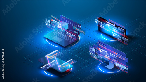 Creation of a mobile application. Web page created from separate blocks. User experience, user interface. Software ux development coding process concept. Responsive landing page laptop, computer,phone