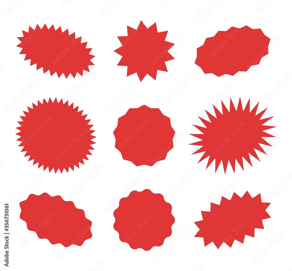 Starburst red speech bubbles, bursting sticker promo badges, sunburst promotion tag. Explosion star button vector illustration. Starburst red speech bubbles, bursting sticker promo badges, sunburst promotion tag. Explosion star button vector illustration.