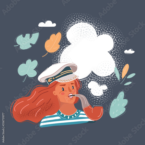 Sailor woman, captain, isolated on dark background. Seaman face smoke tobacco pipe