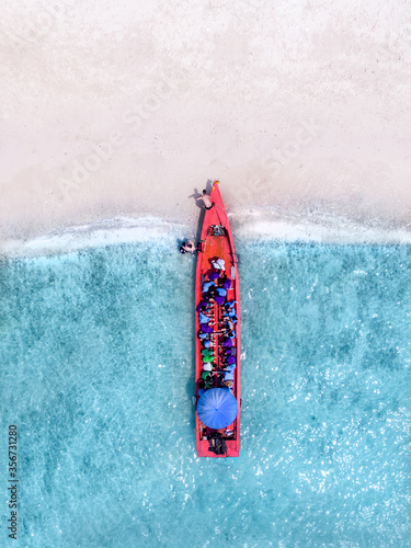 Aerial view of boat on Tien Beach,  Pattaya, Tailand.