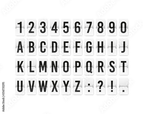 Airport flip board panel. Typography font display. Vector realistic terminal mechanical analog board.
