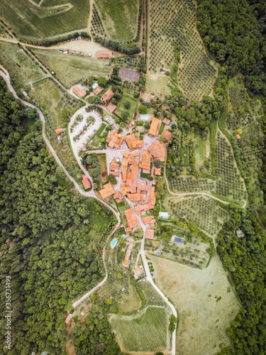 Aerial View of Volpaia, Siena, Italy. The winery that produces the wine Chianti Classico operates within the walls of the Castello di Volpaia, a fortified village of medieval origins