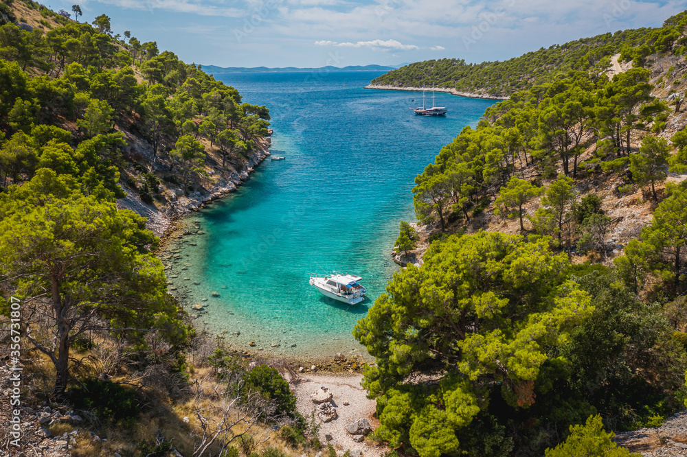 Aerial view of boats on the shore of the bay in Nerezisca, Croatia Aerial view of boats on the shore of the bay in Nerezisca, Croatia