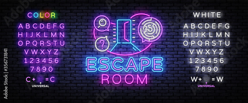 Real-life room escape neon sign vector. Quest game poster neon design temlate. Editing text neon sign