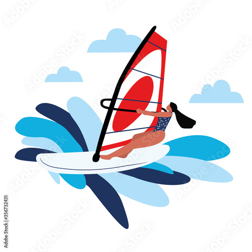 Vector illustration on the theme of Windsurfing. A girl is riding a Windsurfing course. Waves, sea, summer, Windsurfing. Flat illustration