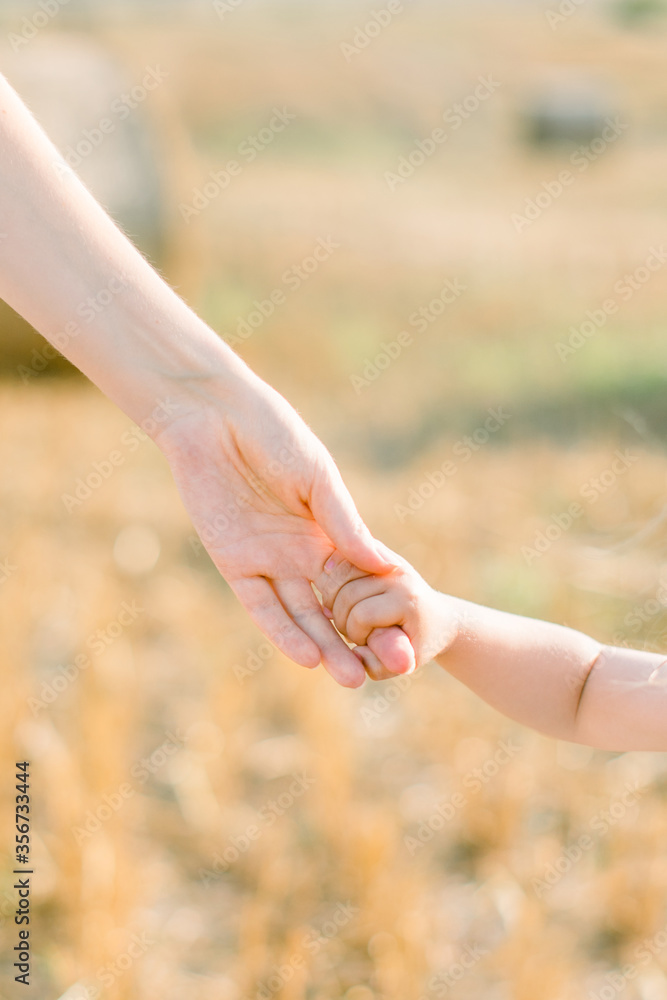 Close up cropped image of hands of mother and little daughter on sunshine summer filed backgrund. Holding each other on wheat field with hay bales on the background Close up cropped image of hands of mother and little daughter on sunshine summer filed backgrund. Holding each other on wheat field with hay bales on the background