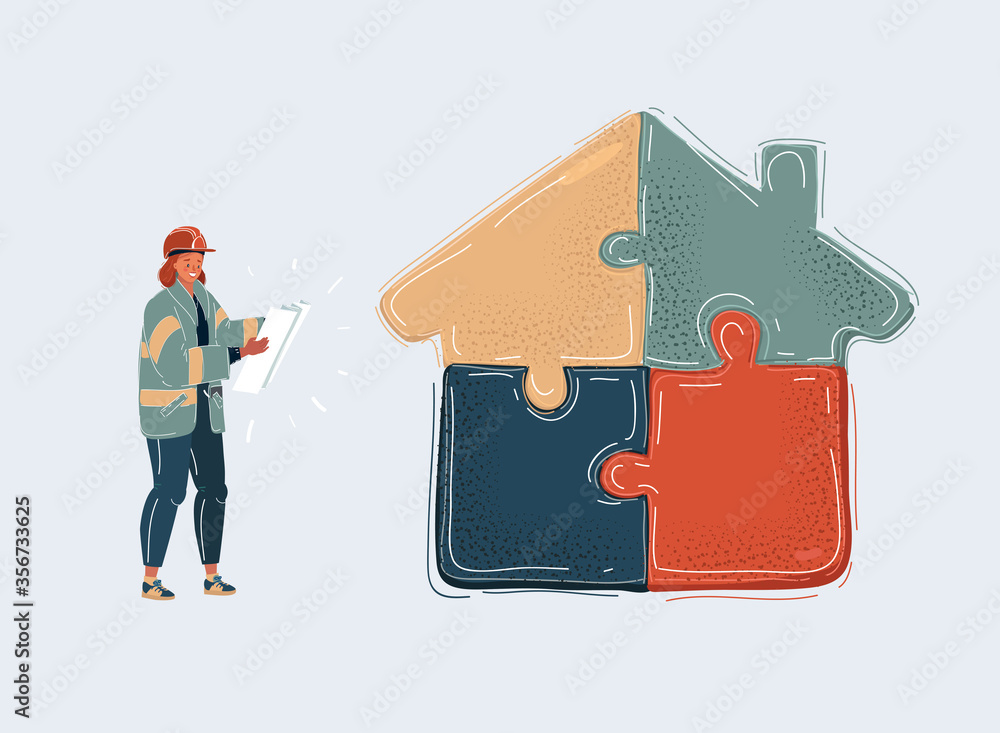 Vector illustration of business woman stading with blueprint in her hands near jigsaw house isolated white background. Vector illustration of business woman stading with blueprint in her hands near jigsaw house isolated white background.