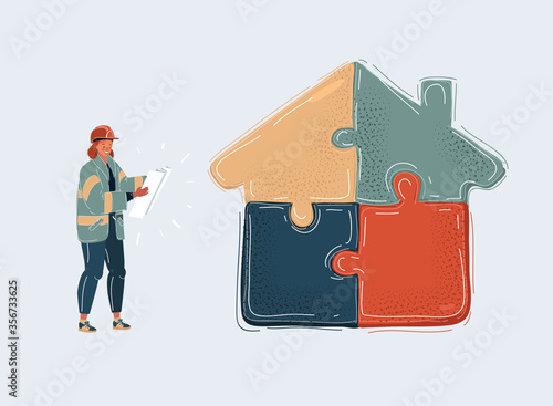 Vector illustration of business woman stading with blueprint in her hands near jigsaw house isolated white background.