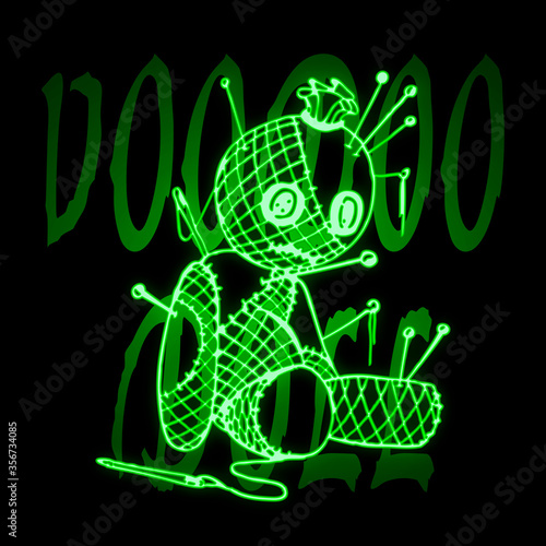 Creative image of a voodoo doll with the help of neon outlines on the background of the inscription "voodoo doll".