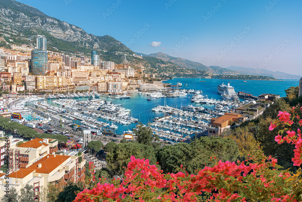 Aerial view of Monte Carlo harbor and the coastline of Monaco in summer holiday