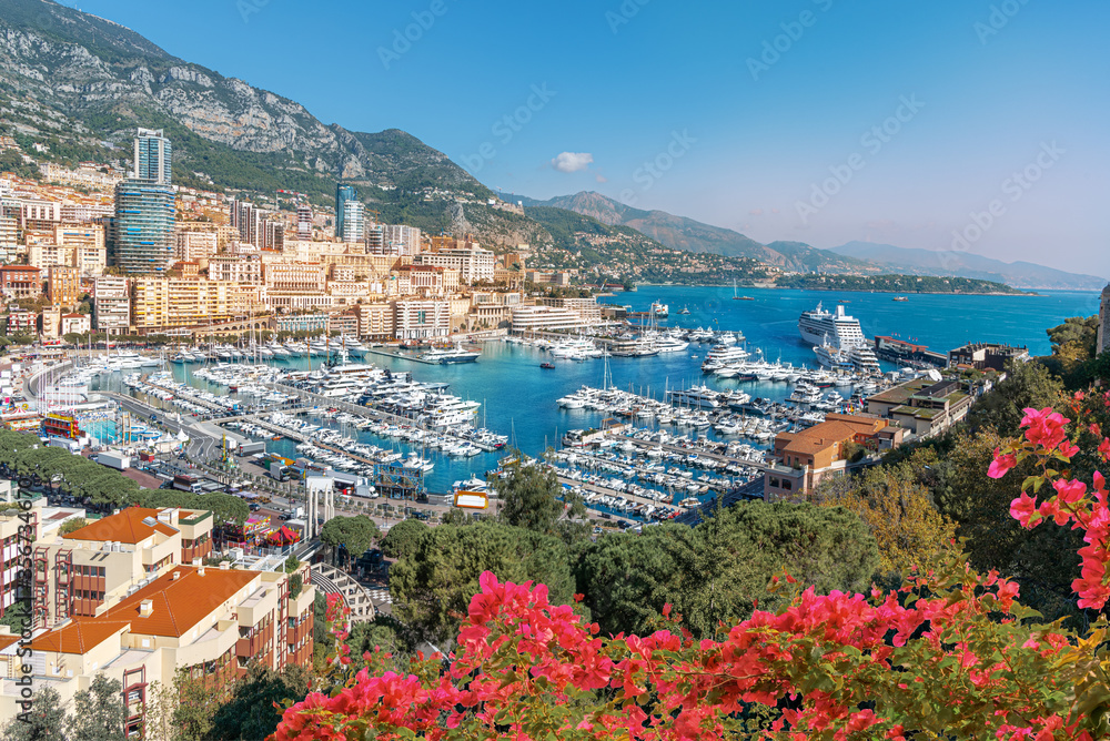 Obraz premium Aerial view of Monte Carlo harbor and the coastline of Monaco in summer holiday