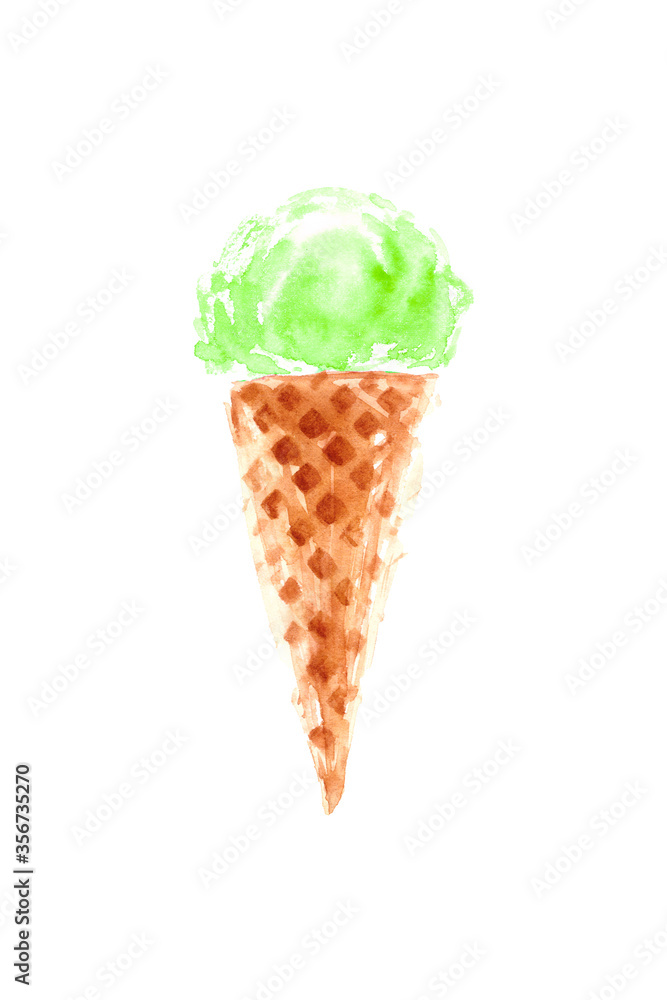 Green mint ice cream in classic waffle cone isolated on white background.