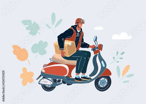 Vector illustration of Scooter riding. Young man, courier delivering item on white.