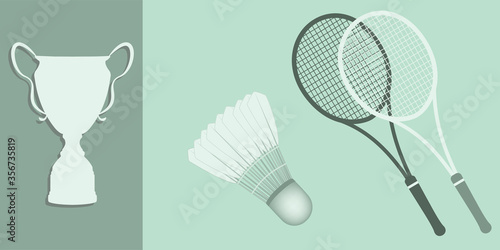 Badminton - rackets and shuttlecock, prize cup - light background - vector. Sports Banner